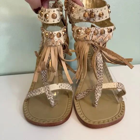 Ivy Kirzhner Sandals 9 Brown Snake Fringe Studded Hildagar Buckle Strappy Ankle